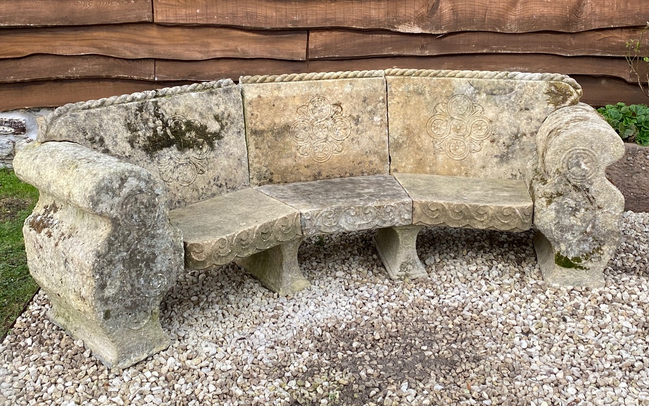 Large curved English limestone seat