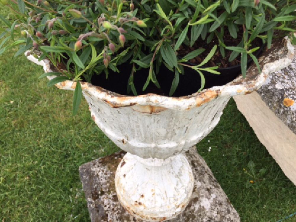 Pair of 19th Century Falkirk Iron Co. Cast iron Urns on Stone Bases (Stk No 3045)