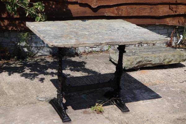  S O L D  York Stone Table - Lovely Squarish Top on Iron Base (Stk No.3871)