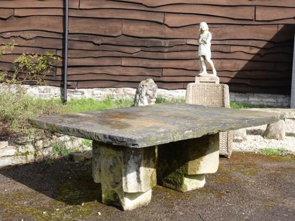 Large Stone Table on Carved Stone Architectural Bases (Stk No.4155)