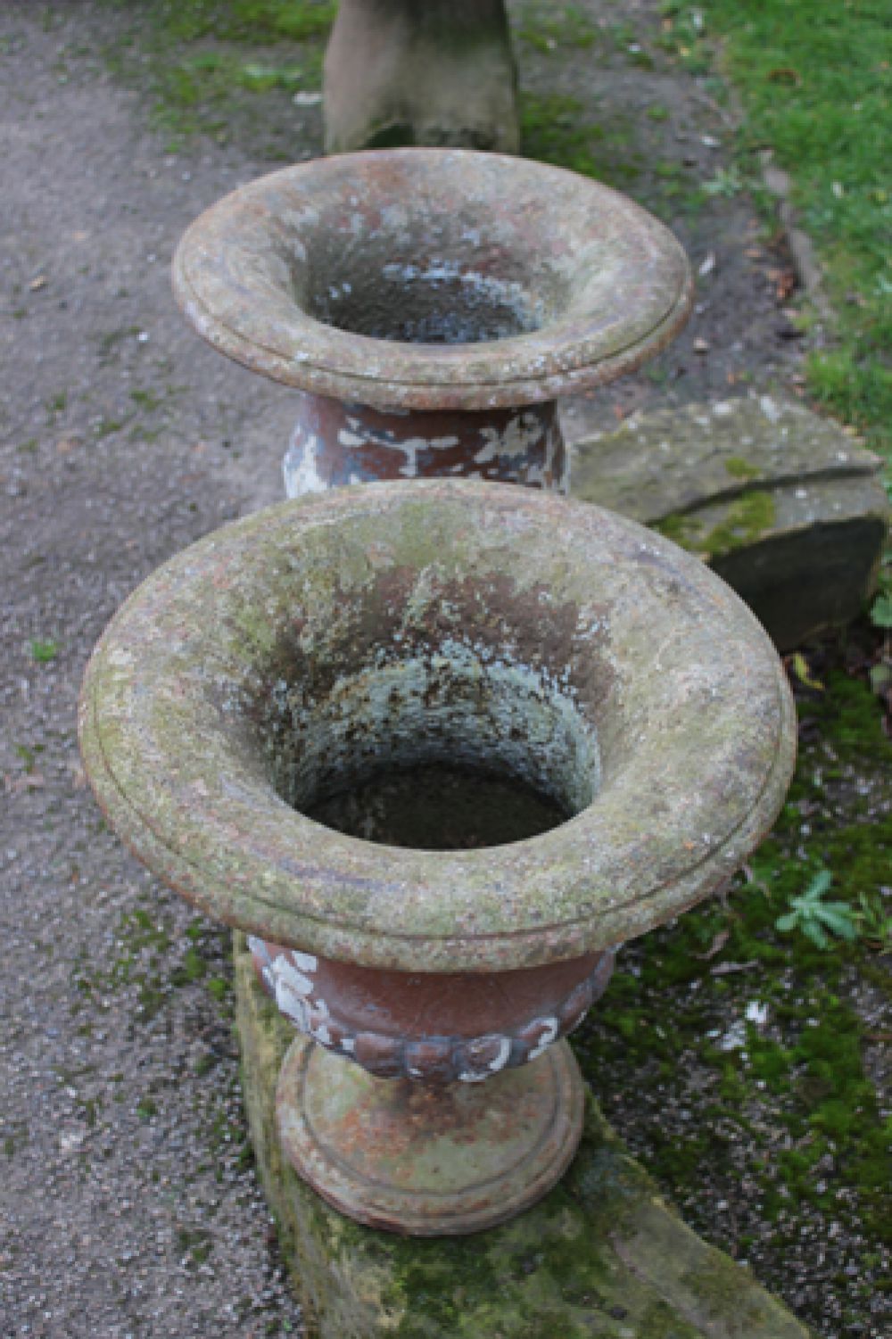 Pair 19th Century Cast Iron Urns on Stone Bases (Stk no.3345)