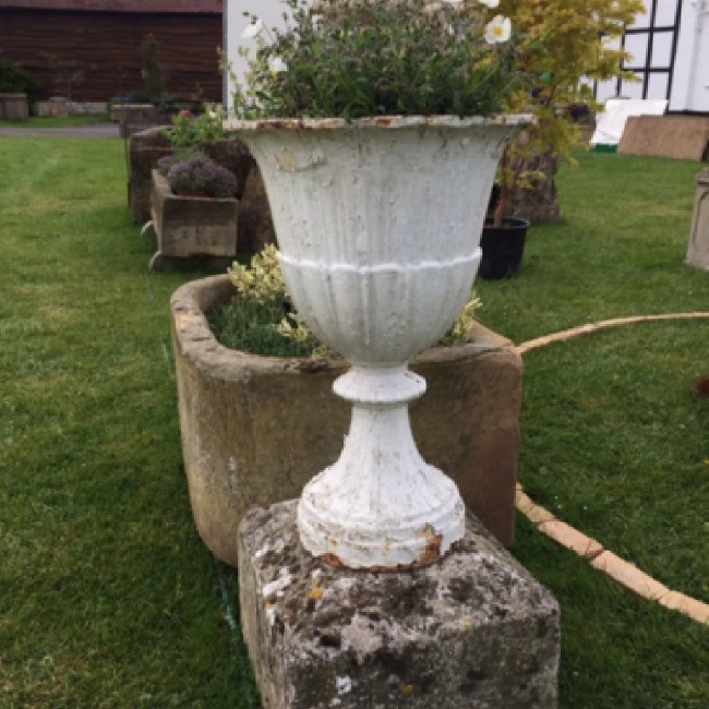 SOLD Pair of 19th Century Falkirk Iron Co. Cast iron Urns on Stone Bases (Stk No 3045)