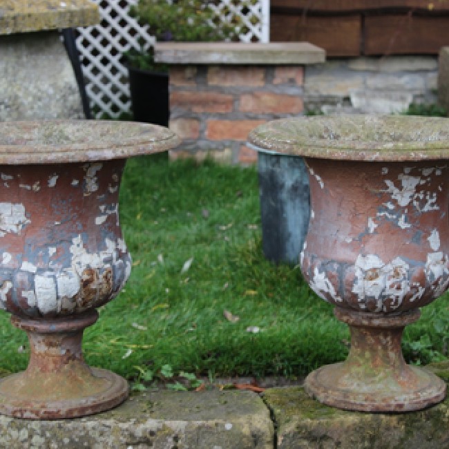 Pair 19th Century Cast Iron Urns on Stone Bases (Stk no.3345)