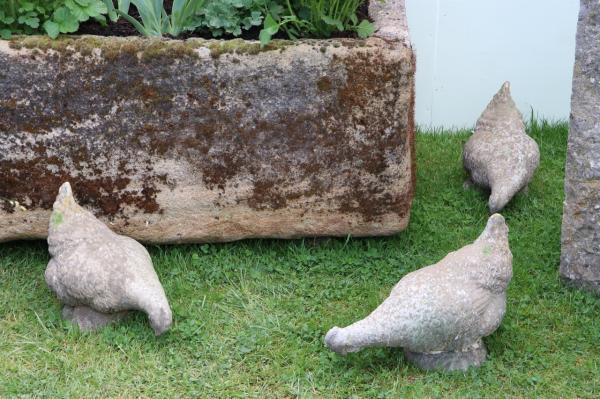 SOLD A Brood of Three Hens in composite stone - life sized (Stk No.3870)