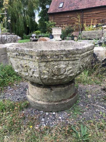 SOLD Bath Stone Carved Octagonal Bowl on Base (Stk No.3884)