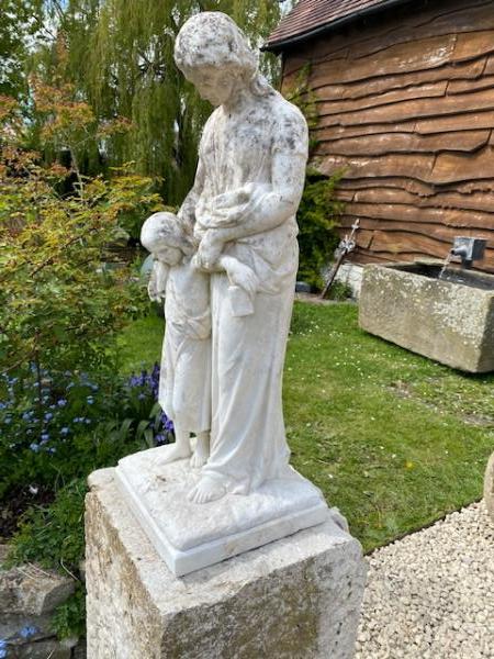 RESERVED 19th Century White Marble Statue of Mother and Child on Pedestal (Stk No.3914)