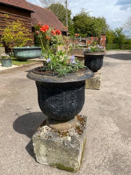 Pair 19th Scottish Cast Iron Urns on Limestone Bases (Stk No.3946)