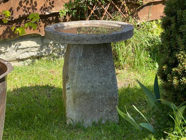 SOLD Wide and Shallow Bird Bath on Solid Stone Base (Stk No.3848)