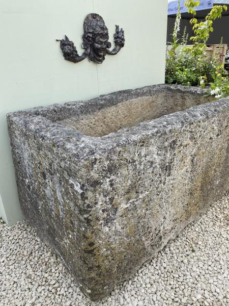 X Large Limestone Water Trough with 18th C Lead Mask Spout  (Stk No.3954)