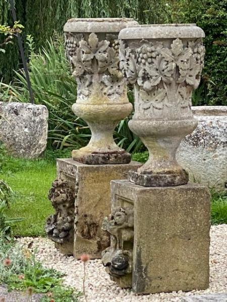 Pair of Large Carved Stone Scottish Urns on Decorative Carved Pedestals (Stk No.3975)