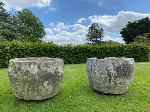 SOLD  Pair Round Limestone Troughs (Stk No.4034)