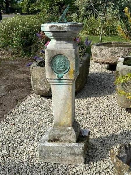 Victorian Carved Stone Sundial with Bronze Plate (Stk No. 4150)