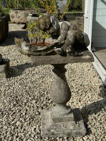 19th Century Composition Stone Figure Bird Bath - Boy with Pool (Stk No.4166)